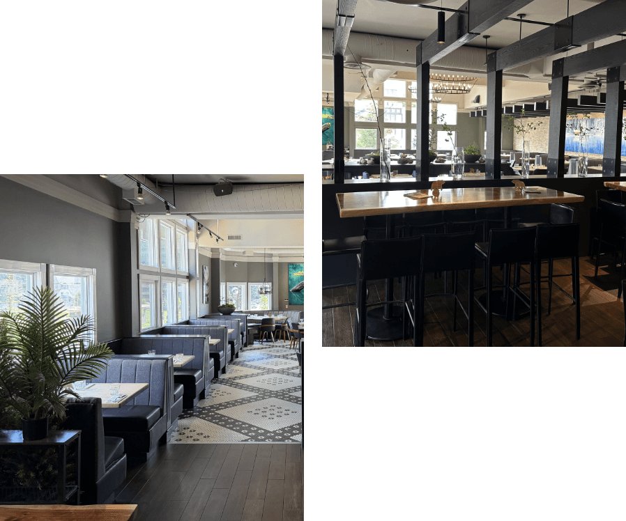 A multi-angle restaurant layout in Banff featuring black leather dining booths next to tiled flooring on the upper frame and long communal timber tables on the lower frame.