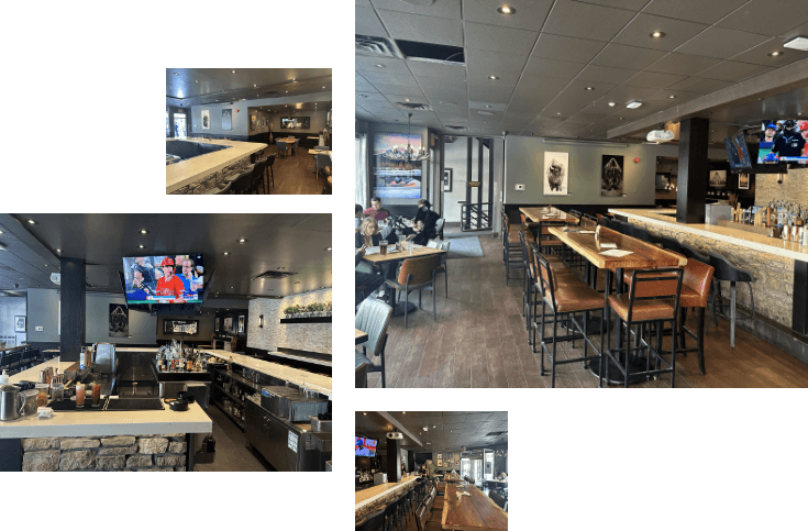 A split view of a restaurant lounge interior in Banff showing a stone-faced bar counter, wood tables, and leather chairs under recessed lighting.